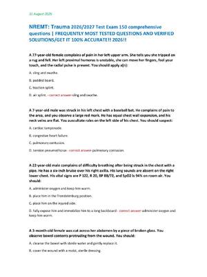 Preview of NREMT: Trauma 2026/2027 Test Exam 150 comprehensive questions | FREQUENTLY MOST TESTED QUESTIONS AND VERIFIED SOLUTIONS/GET IT 100% ACCURATE!! 2026!!