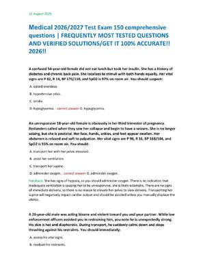 Preview of Medical 2026/2027 Test Exam 150 comprehensive  questions | FREQUENTLY MOST TESTED QUESTIONS  AND VERIFIED SOLUTIONS/GET IT 100% ACCURATE!!  2026!!