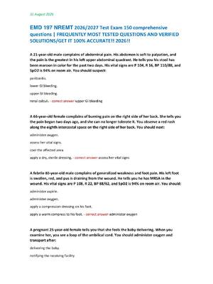 Preview of EMD 197 NREMT 2026/2027 Test Exam 150 comprehensive  questions | FREQUENTLY MOST TESTED QUESTIONS AND VERIFIED  SOLUTIONS/GET IT 100% ACCURATE!! 2026!!