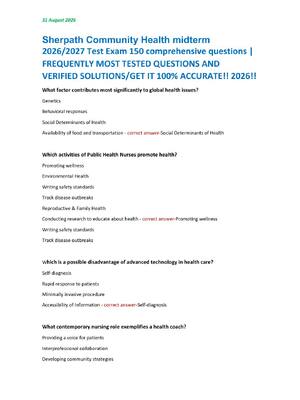 Preview image for Sherpath Community Health midterm  2026/2027 Test Exam 150 comprehensive questions |  FREQUENTLY MOST TESTED QUESTIONS AND  VERIFIED SOLUTIONS/GET IT 100% ACCURATE!! 2026!!