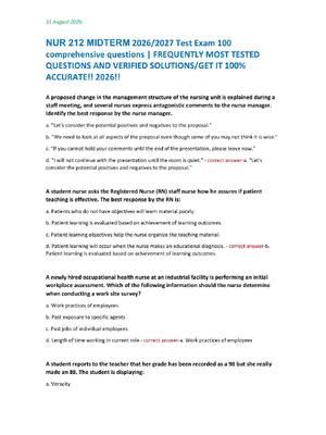 Preview of NUR 212 MIDTERM 2026/2027 Test Exam 100  comprehensive questions | FREQUENTLY MOST TESTED