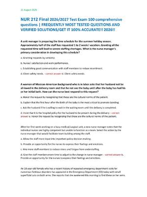 Preview of NUR 212 Final 2026/2027 Test Exam 100 comprehensive  questions | FREQUENTLY MOST TESTED QU