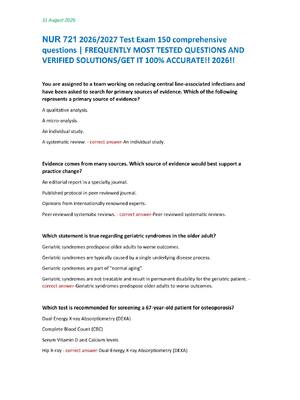 Preview image for NUR 721 2026/2027 Test Exam 150 comprehensive  questions | FREQUENTLY MOST TESTED QUESTIONS AND  VERIFIED SOLUTIONS/GET IT 100% ACCURATE!! 2026!!