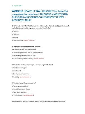 Preview image for WOMENS HEALTH FINAL 2026/2027 Test Exam 150 comprehensive questions | FREQUENTLY MOST TESTED QUESTIONS AND VERIFIED SOLUTIONS/GET IT 100% ACCURATE!! 2026!!