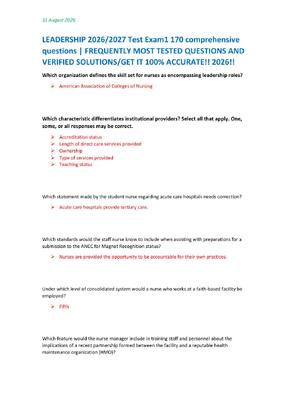 Preview of LEADERSHIP 2026/2027 Test Exam1 170 comprehensive  questions | FREQUENTLY MOST TESTED QUES