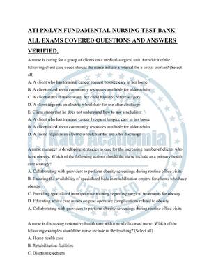 Preview of ATI PN/LVN FUNDAMENTAL NURSING TEST BANK ALL EXAMS COVERED QUESTIONS AND ANSWERS VERIFIED.