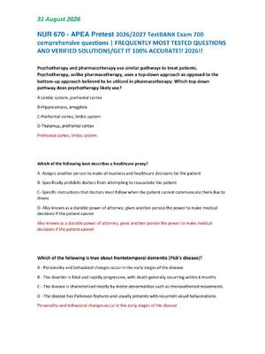 Preview of NUR 670 - APEA Pretest 2026/2027 TestBANK Exam 700  comprehensive questions | FREQUENTLY MOST TESTED QUESTIONS  AND VERIFIED SOLUTIONS/GET IT 100% ACCURATE!! 2026!!