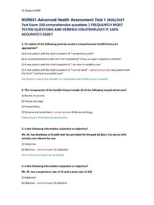 Preview of NUR631-Advanced Health Assessment Test 1 2026/2027  Test Exam 150 comprehensive questions