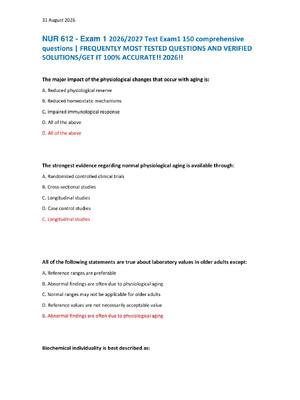 Preview of NUR 612 - Exam 1 2026/2027 Test Exam1 150 comprehensive  questions | FREQUENTLY MOST TESTE