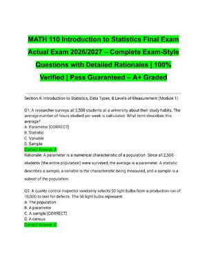Preview of MATH 110 Introduction to Statistics Final Exam Actual Exam 2026/2027 – Complete Exam-Style