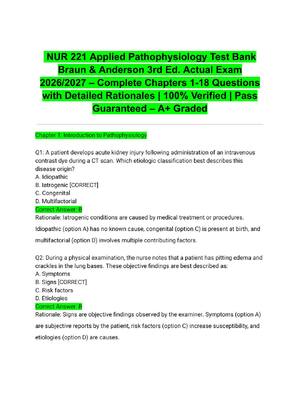 Preview of NUR 221 Applied Pathophysiology Test Bank Braun & Anderson 3rd Ed. Actual Exam 2026/2027 –