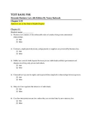 Preview of Test Bank For  Dynamic Business Law, 6th Edition By Nancy Kubasek Chapter 1-52