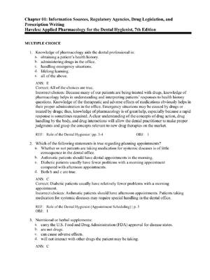 Preview of Test Bank For Applied Pharmacology for the Dental Hygienist, 7th Edition By Haveles