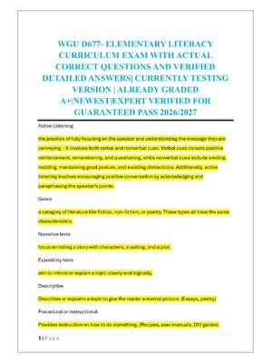Preview of WGU D677- ELEMENTARY LITERACY  CURRICULUM EXAM