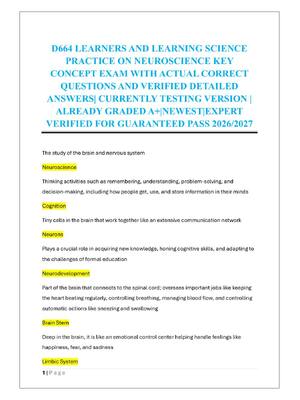 Preview of D664 LEARNERS AND LEARNING SCIENCE  PRACTICE ON NEUROSCIENCE KEY  CONCEPT EXAM