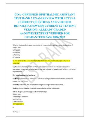 Preview of COA -CERTIFIED OPHTHALMIC ASSISTANT  TEST BANK 2 EXAM REVIEW