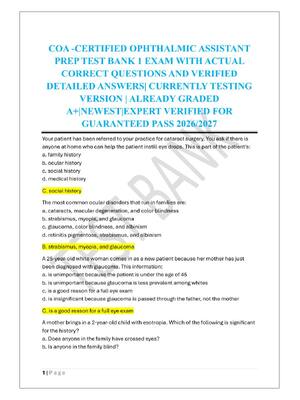 Preview of COA -CERTIFIED OPHTHALMIC ASSISTANT  PREP TEST BANK 1 EXAM