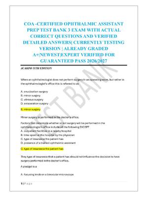 Preview of COA -CERTIFIED OPHTHALMIC ASSISTANT  PREP TEST BANK 3 EXAM