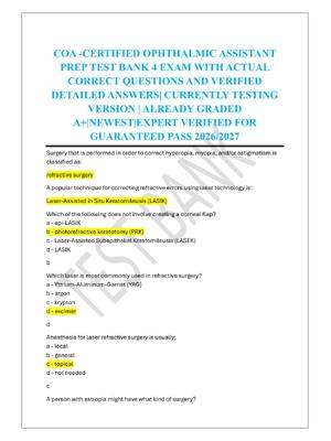 Preview of COA -CERTIFIED OPHTHALMIC ASSISTANT  PREP TEST BANK 4 EXAM