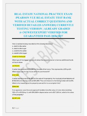 Preview of REAL ESTATE NATIONAL PRACTICE EXAM  /PEARSON VUE REAL ESTATE TEST BANK