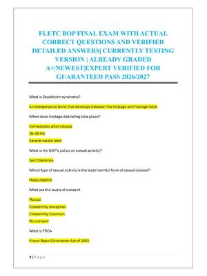 Preview of FLETC BOP FINAL EXAM WITH ACTUAL  CORRECT QUESTIONS AND VERIFIED  DETAILED ANSWERS| CURREN