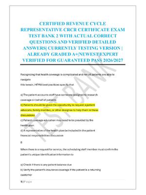 Preview of CERTIFIED REVENUE CYCLE  REPRESENTATIVE CRCR CERTIFICATE EXAM  TEST BANK 2