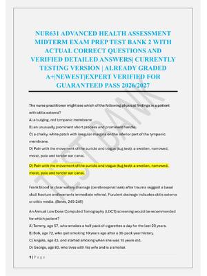Preview of NUR631 ADVANCED HEALTH ASSESSMENT  MIDTERM EXAM PREP TEST BANK 2
