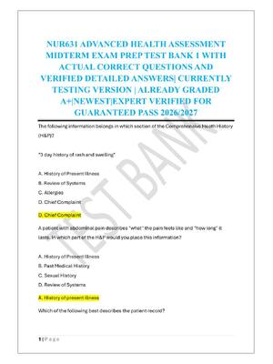 Preview of NUR631 ADVANCED HEALTH ASSESSMENT  MIDTERM EXAM PREP TEST BANK 1