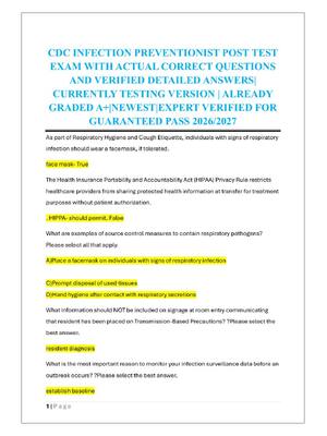 Preview of CDC INFECTION PREVENTIONIST POST TEST  EXAM