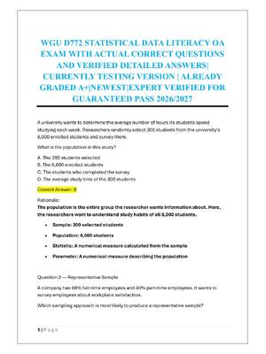 Preview of WGU D772 STATISTICAL DATA LITERACY OA  EXAM