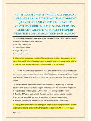 Preview of NU 155 EXAM 2 /NU 155 MEDICAL SURGICAL  NURSING I EXAM 2