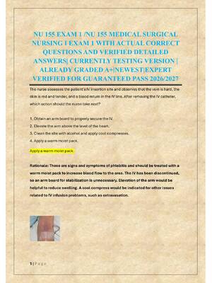 Preview of NU 155 EXAM 1 /NU 155 MEDICAL SURGICAL  NURSING I EXAM 1
