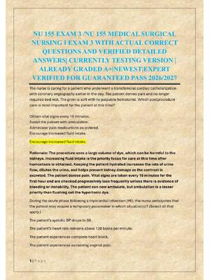 Preview of NU 155 EXAM 3 /NU 155 MEDICAL SURGICAL  NURSING I EXAM 3
