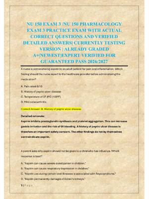 Preview of NU 150 EXAM 3 /NU 150 PHARMACOLOGY  EXAM 3 PRACTICE EXAM