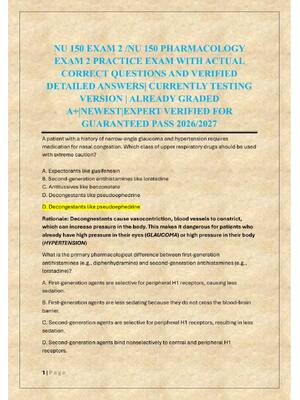 Preview of NU 150 EXAM 2 /NU 150 PHARMACOLOGY  EXAM 2 PRACTICE EXAM