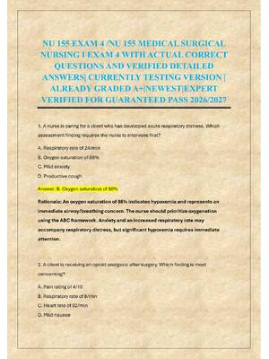 Preview of NU 155 EXAM 4 /NU 155 MEDICAL SURGICAL  NURSING I EXAM 4