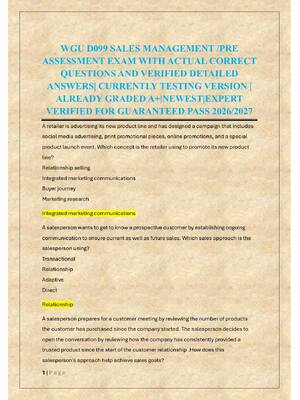 Preview of WGU D099 SALES MANAGEMENT /PRE  ASSESSMENT EXAM