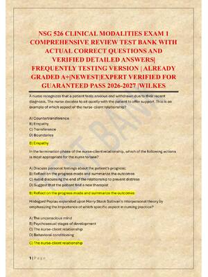 Preview of NSG 526 CLINICAL MODALITIES EXAM 1  COMPREHENSIVE REVIEW TEST BANK