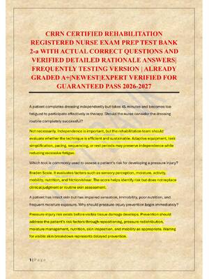 Preview of CRRN CERTIFIED REHABILITATION  REGISTERED NURSE EXAM PREP TEST BANK  2-a