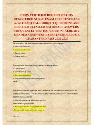 Preview of CRRN CERTIFIED REHABILITATION  REGISTERED NURSE EXAM PREP TEST BANK -a