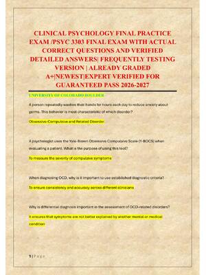 Preview of CLINICAL PSYCHOLOGY FINAL PRACTICE  EXAM /PSYC 3303 FINAL EXAM