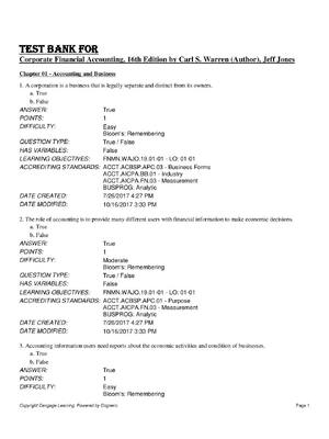 Preview of TEST BANK FOR  Corporate Financial Accounting, 16th Edition by Carl S. Warren (Author), Je