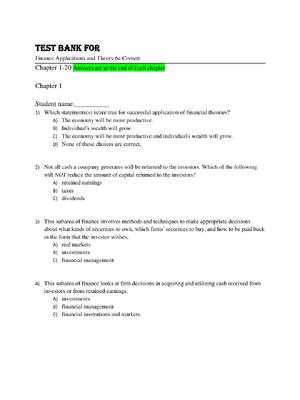 Preview of Test Bank for  Finance Applications and Theory 6th Edition By Cornett Chapter 1-20
