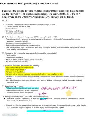 Preview of WGU D099 Sales Management Study Guide 2026 Version! 100% CORRECT ANSWERS ALREADY RATED A+