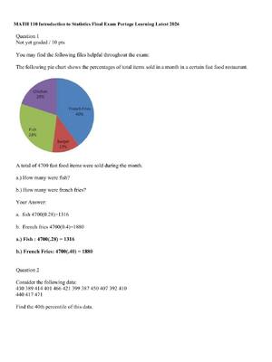 Preview of MATH 110 Introduction to Statistics Final Exam Portage Learning  Latest 2026! 100% CORRECT