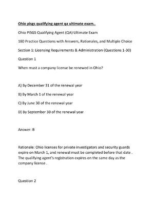 Preview of Ohio pisgs qualifying agent qa ultimate exam