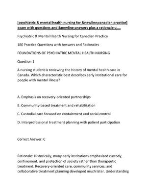 Preview image for [psychiatric & mental health nursing for &newline;canadian practice] exam with questions and &newline;answers plus a rationale u....