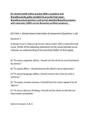 Preview image for Rn mental health online practice 2026 a questions and &newline;study guide complete & accurate final exam , &newline;actual questions and correct detailed &newline;answers with rationales (100% correct.