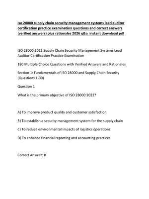 Preview image for Iso 28000 supply chain security management systems lead auditor certification practice examination questions and correct answers