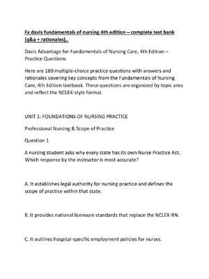 Preview of Fa davis fundamentals of nursing 4th edition – complete test bank (q&a + rationales),.
